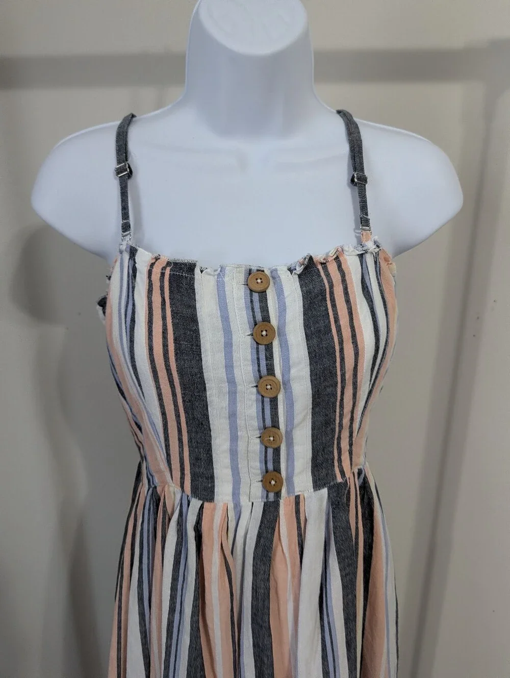 Free People Striped Button-Front Maxi Dress in Peach, Navy & White